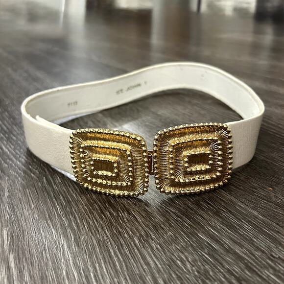 Vintage St. John White Leather Belt Sz 6 Gold Statement Buckle Adjustable Waist - Picture 2 of 16